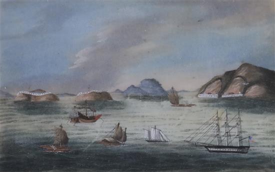 A set of four Chinese pith paintings of Chinese harbour scenes, 19th century, 9 x 14cm